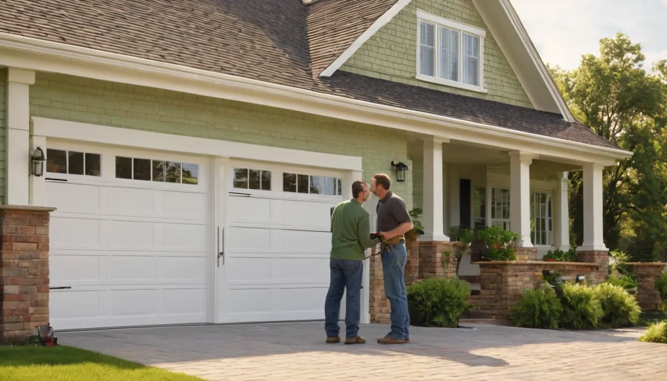 A local provider fitting a new garage door on a brick home in Garland