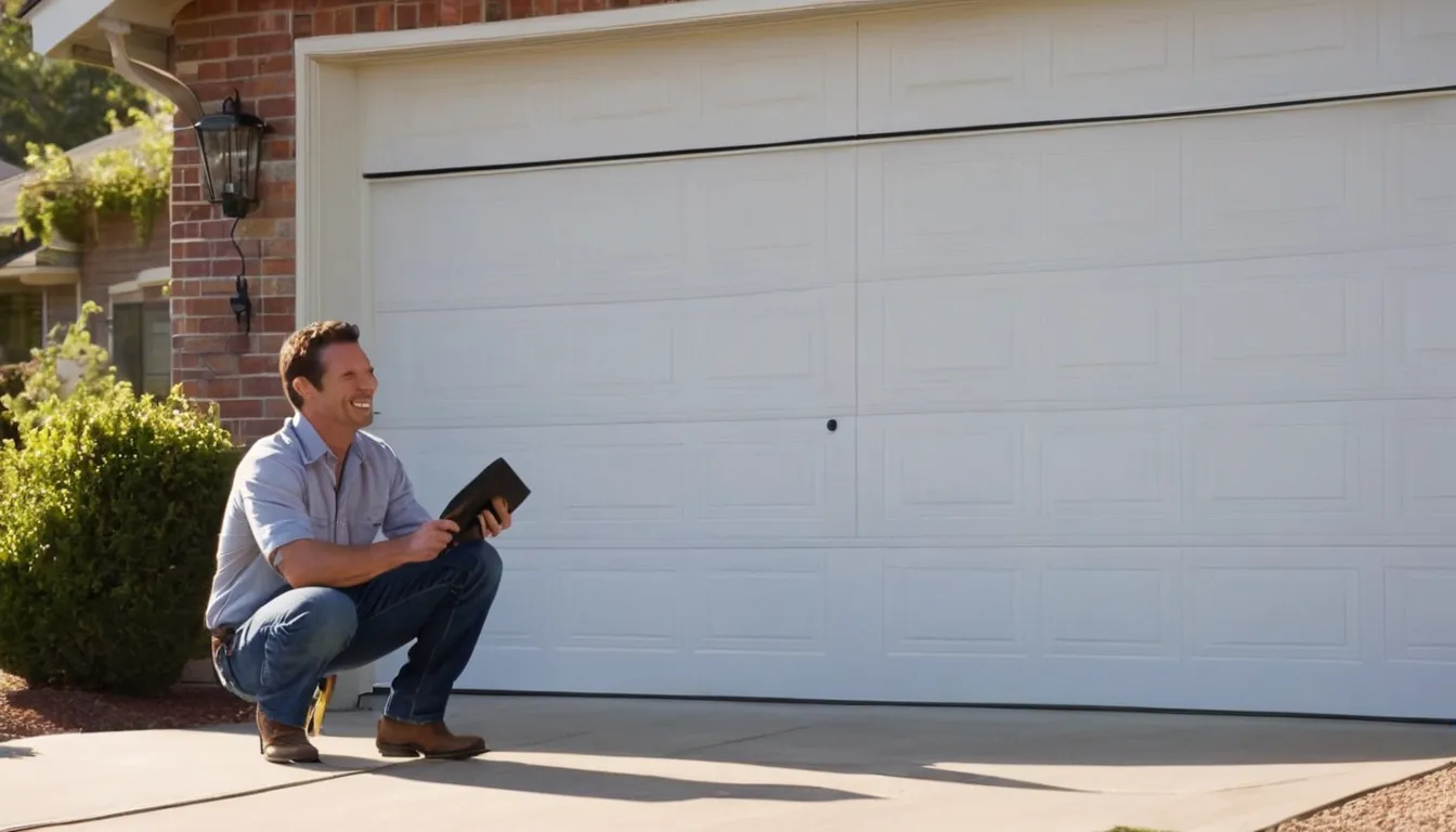 A friendly garage door provider checking the springs and track of a home garage door in Garland